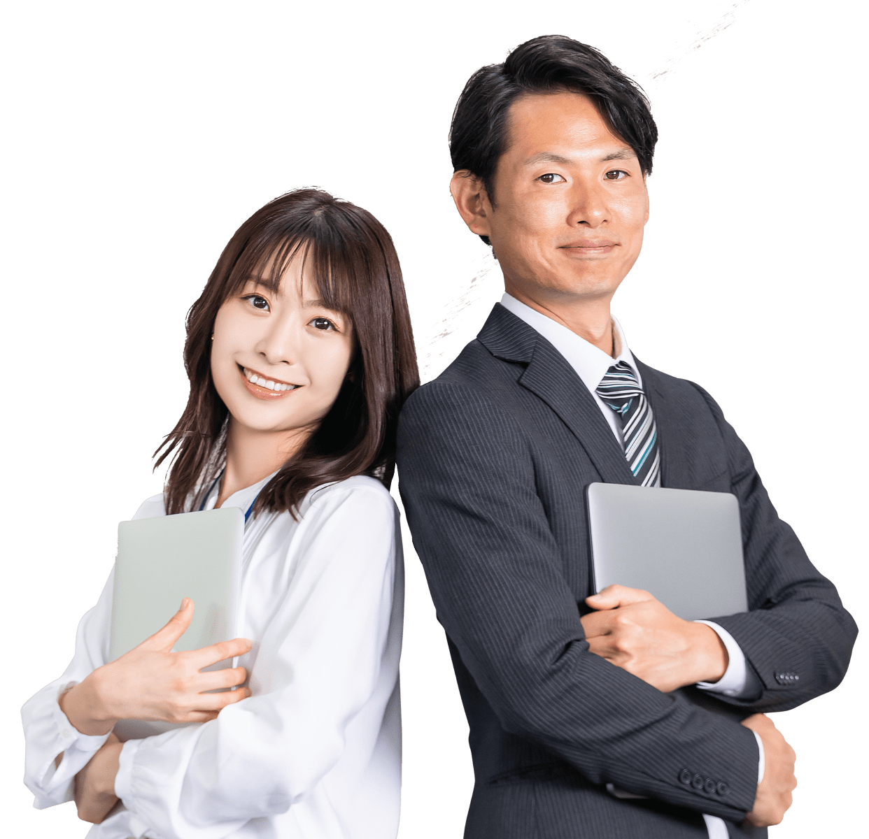 パソコンを持った男性と女性が正面を向いている画像